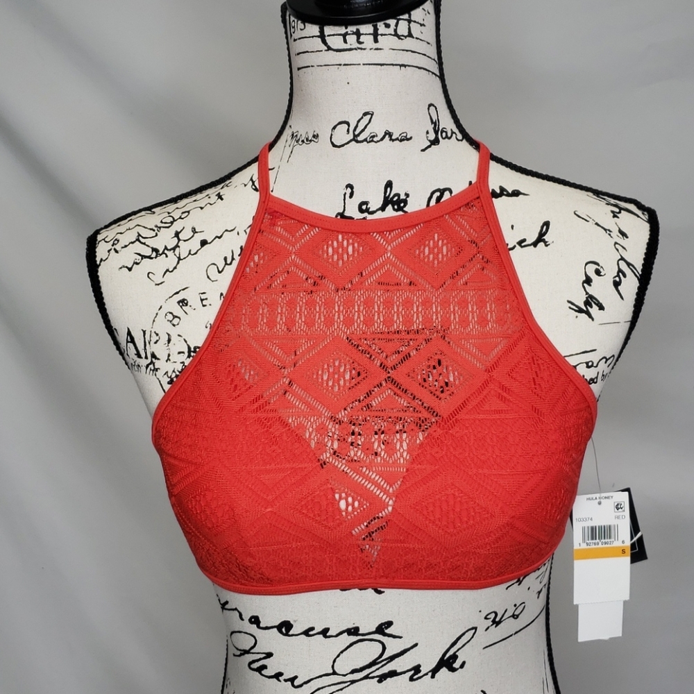 Hula Honey Crochet High-Neck Halter Swim Top Small